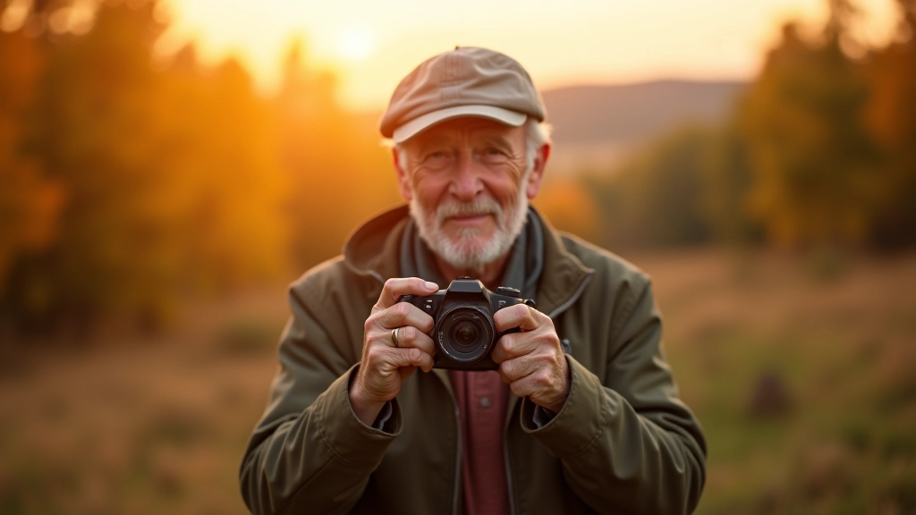 Seniora rokas ar vienkāršu fotoaparātu, fotografējot dabas ainavu zeltā stundu