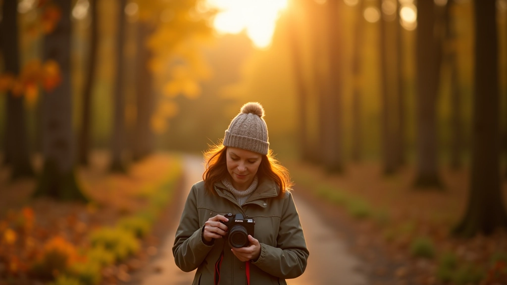 Seniora sieviete ar fotoaparātu Latvijas dabā, rudens sezonā